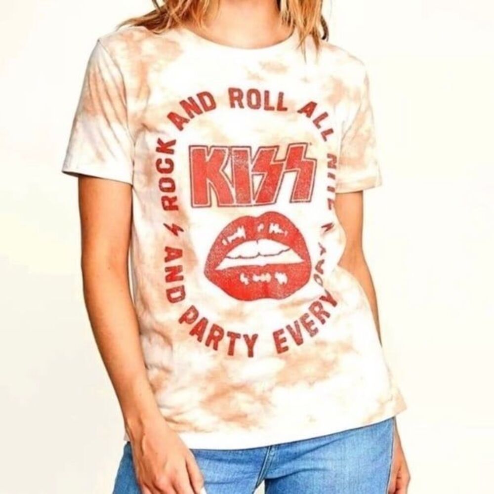KISS BAND T SHIRT WOMEN SIZE SMALL TIE DYE CREAM/BROWN